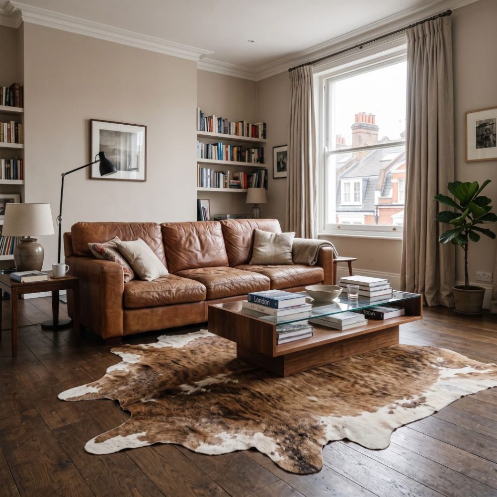 A spacious living room of an upscale upper-floor flat in Knightsbridge, London